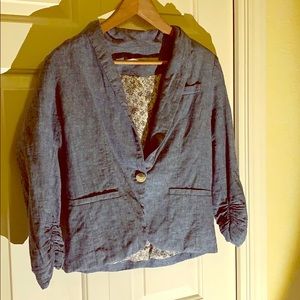 Gibson Blazer Light Navy Linen Ruched 3/4 Sleeve